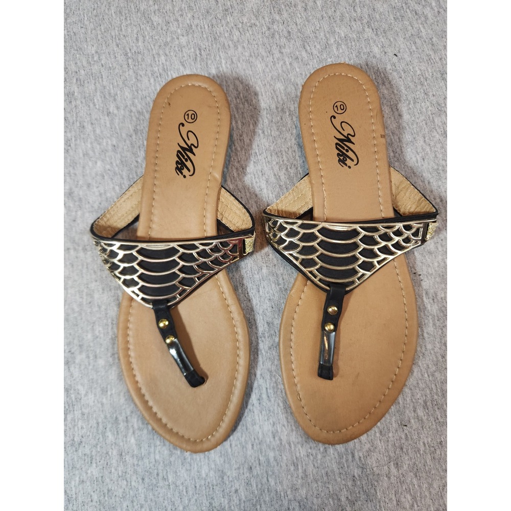Niki Thong Sandals Womens 10 Black Gold Wedge Metallic Cage Studded Slip On Good